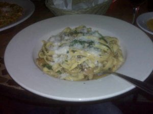 Fettuccini with Arugula, Purcini Mushrooms, in Garlic and Olive Oil